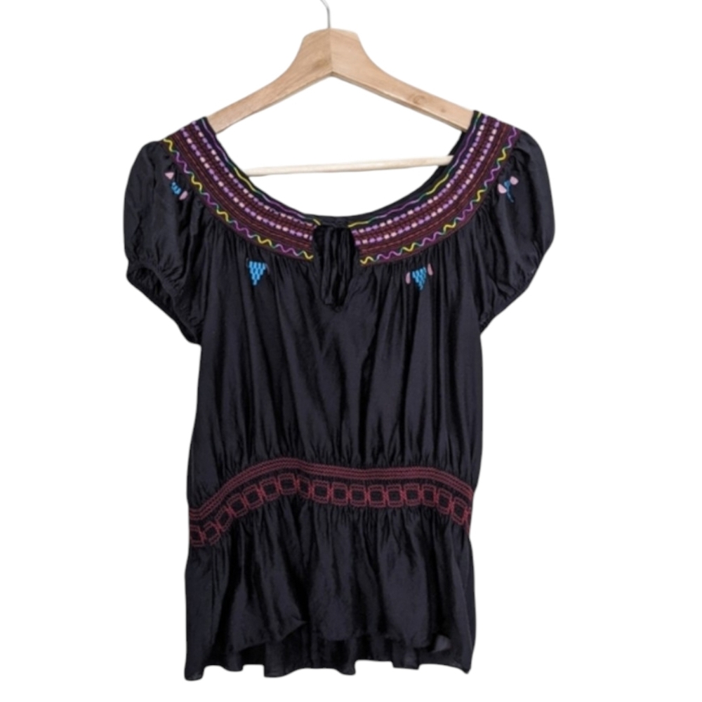 Guess by Marciano Silk Blend Embroidered Peasant Top |  Size XS